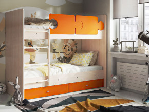 Кровать двухъярусная Тетрис латы с бортиками дуб млечный-оранжевый в Нижней Салде - nizhnyaya-salda.magazinmebel.ru | фото